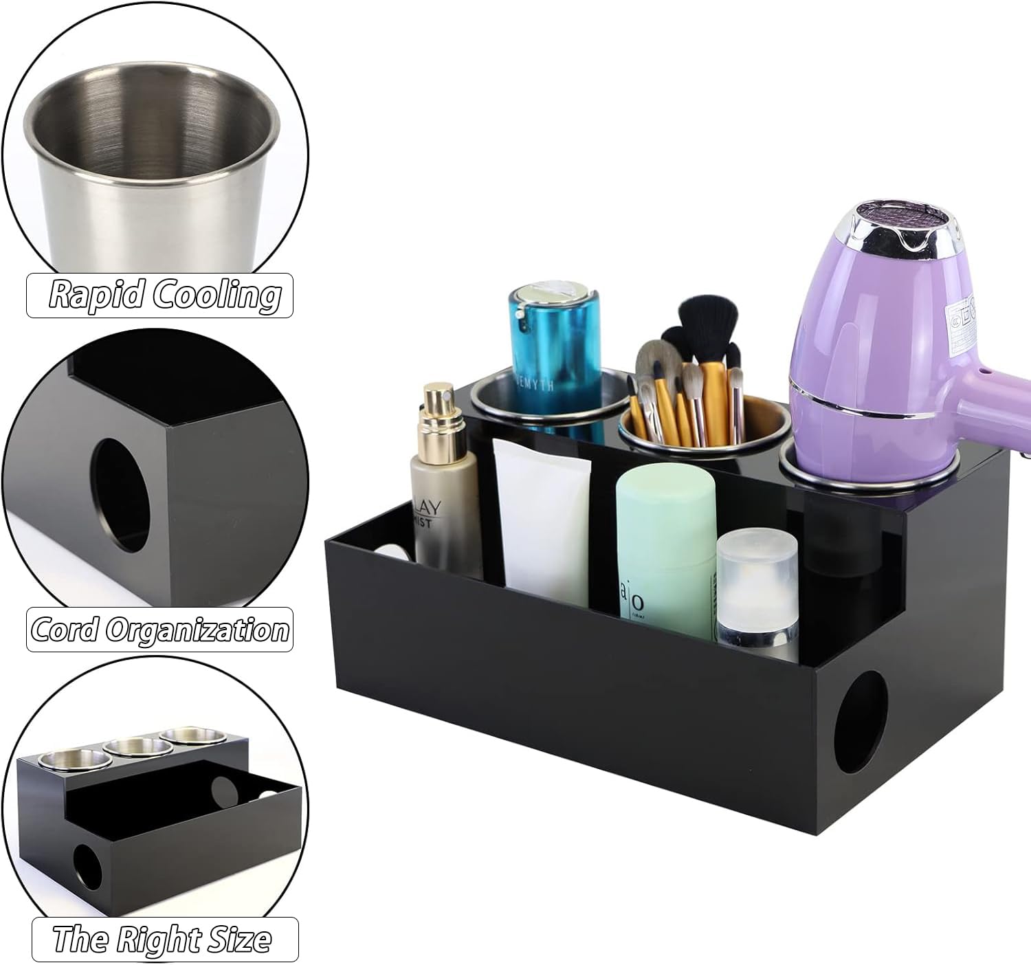 Organizador de herramientas para el cabello, soporte acrílico negro para secador de pelo con 3 tazas, soporte para secador de pelo, suministros de baño, soporte de almacenamiento para