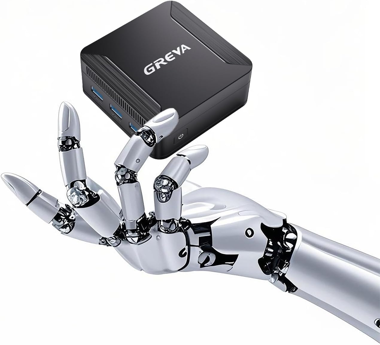 GREVA Mini PC held by a robotic hand, showcasing its compact size.