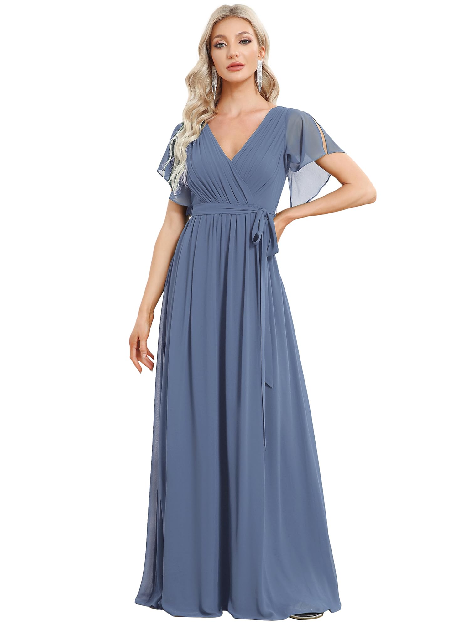 Ever-Pretty Maxi Scollo a V Increspato Busto Chiffon Abito da Sera Formale con Maniche 0164A