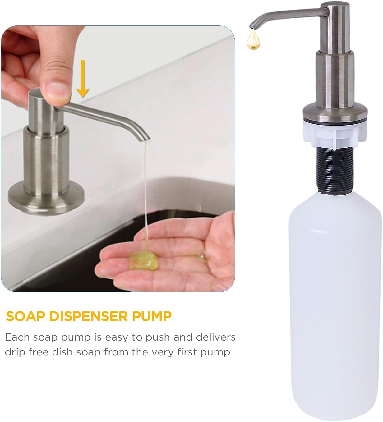 E1000 Built in Soap Dispenser for Kitchen Sink Multipurpose Stainless Steel Pump with 500mL Bottle for Dish Lotion, and Hand Sanitizer-Refill from The Top, Brushed Nickel