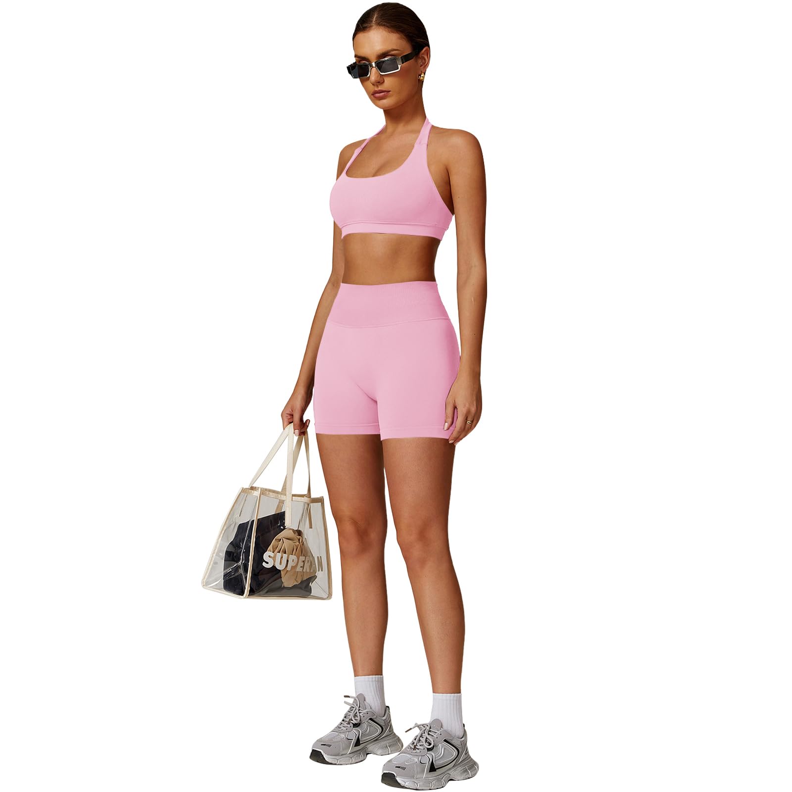 Conjunto de entrenamiento sin costuras para mujer, 2 piezas, brasier deportivo sin espalda, pantalones cortos ocultos para yoga, gimnasio, chándal