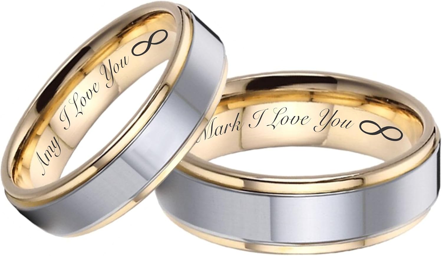 A & L Engraving Personalized Silver & Gold Tungsten Ring Set Custom Engraved Free - Tungsten Wedding Bands - Men's & Women's Couples Set - His & Hers Matching Rings - Ships from USA