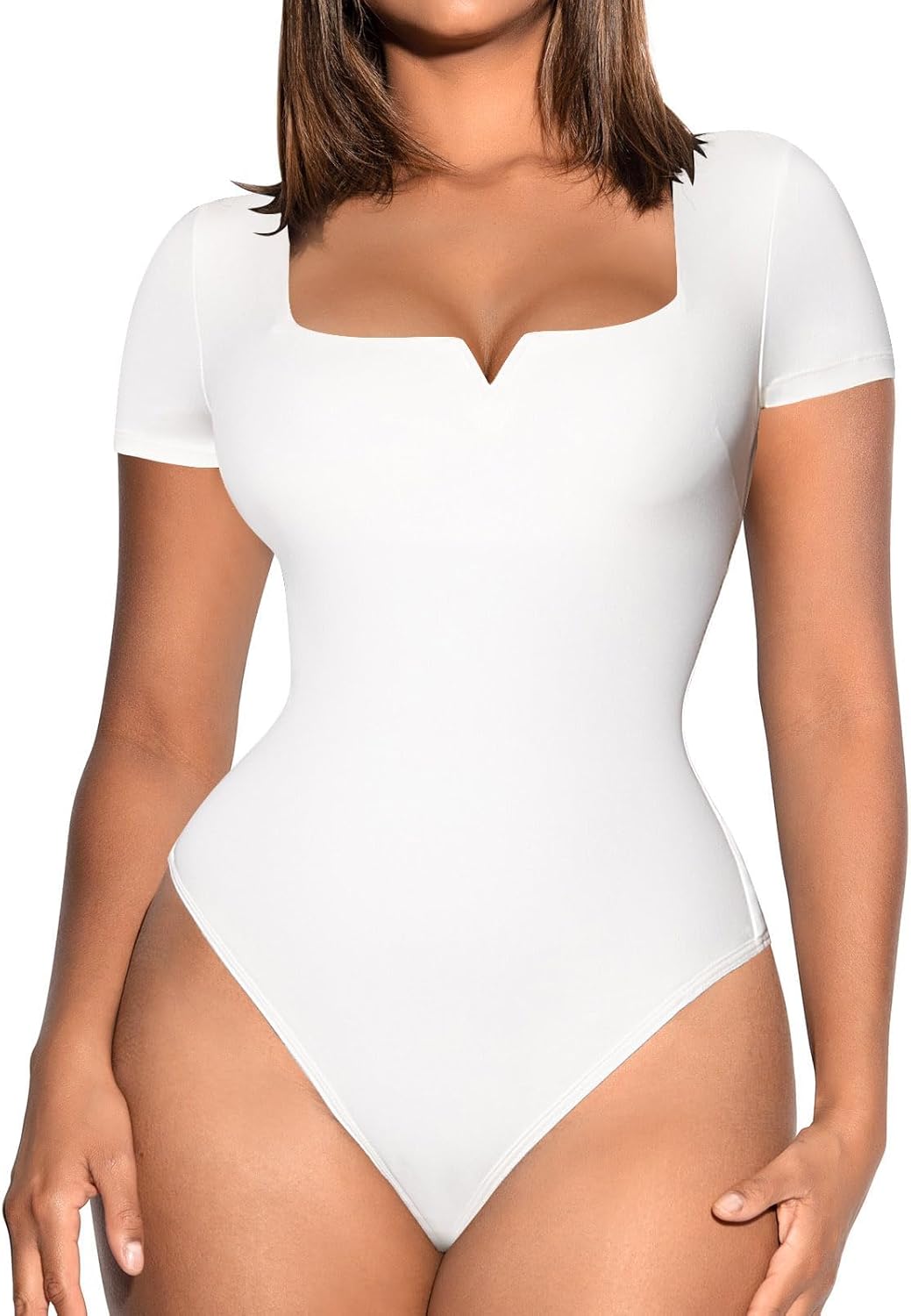 FeelinGirl Square Neck Bodysuit for Women Short Sleeve Tummy Control Slimming Bodysuit Going Out Tank Tops