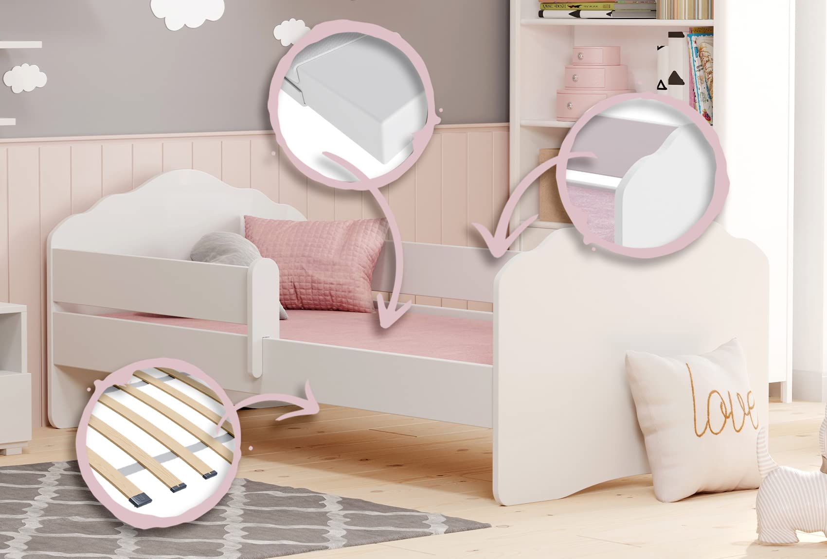 MEBLEKO Cama Infantil Fala Blanca 140 x 70 barandilla, colchón, Bastidor, Estructura Cama Dormitorio Infantil