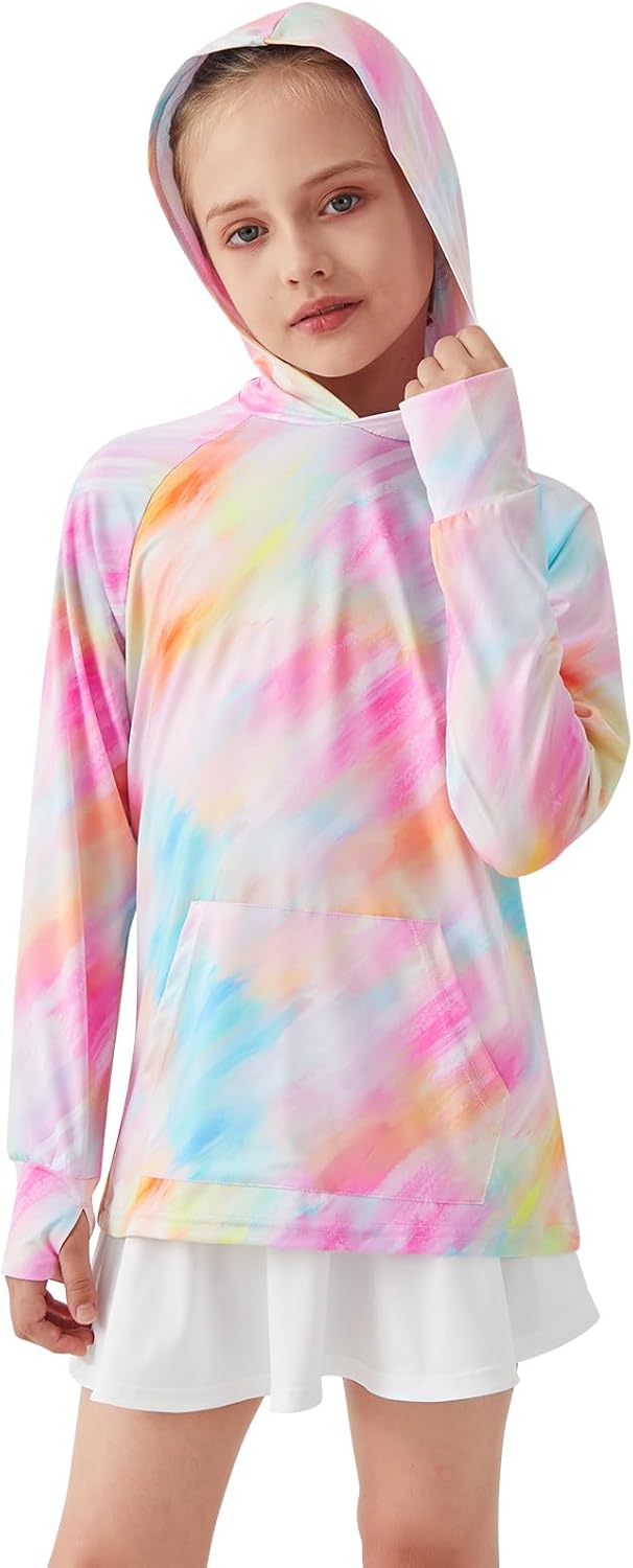 Girls Long Sleeve Shirts Thumbholes Kids UPF 50+ Sun Shirt Lightweight Athletic Hoodies with Pocket