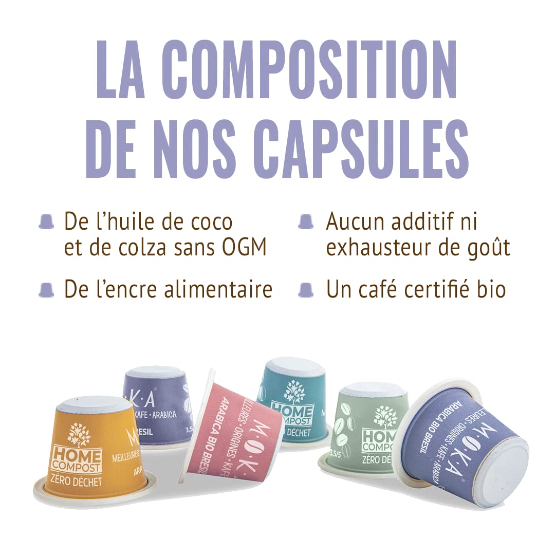 MOKA - 160 Capsules Café Bio d'excellence 100% Pur Arabica Mexique Honduras Ethiopie Pérou - Compatibles avec Nespresso - Intensité 6-8 - Home Compost - Expresso et Lungo - Torréfié en France