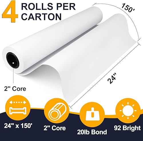 Miniatura 2 de VOISEN Papel de formato ancho, 4 rollos de papel trazador de 24 pulgadas x 150 pies, rollos de bonos CAD, 20 libras, papel de enlace en núcleo de 2