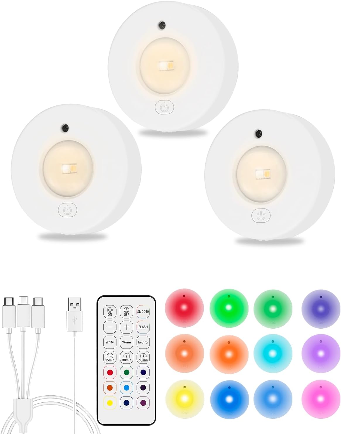 LED Puck Lights with Remote Control, 12 RGB Colors Under Cabinet Lights, Rechargeable Wireless Closet Light, Dimmable Tap Lights for Kitchen, Display, Closet, Pantry, Shelves, Garage (3 Pack)