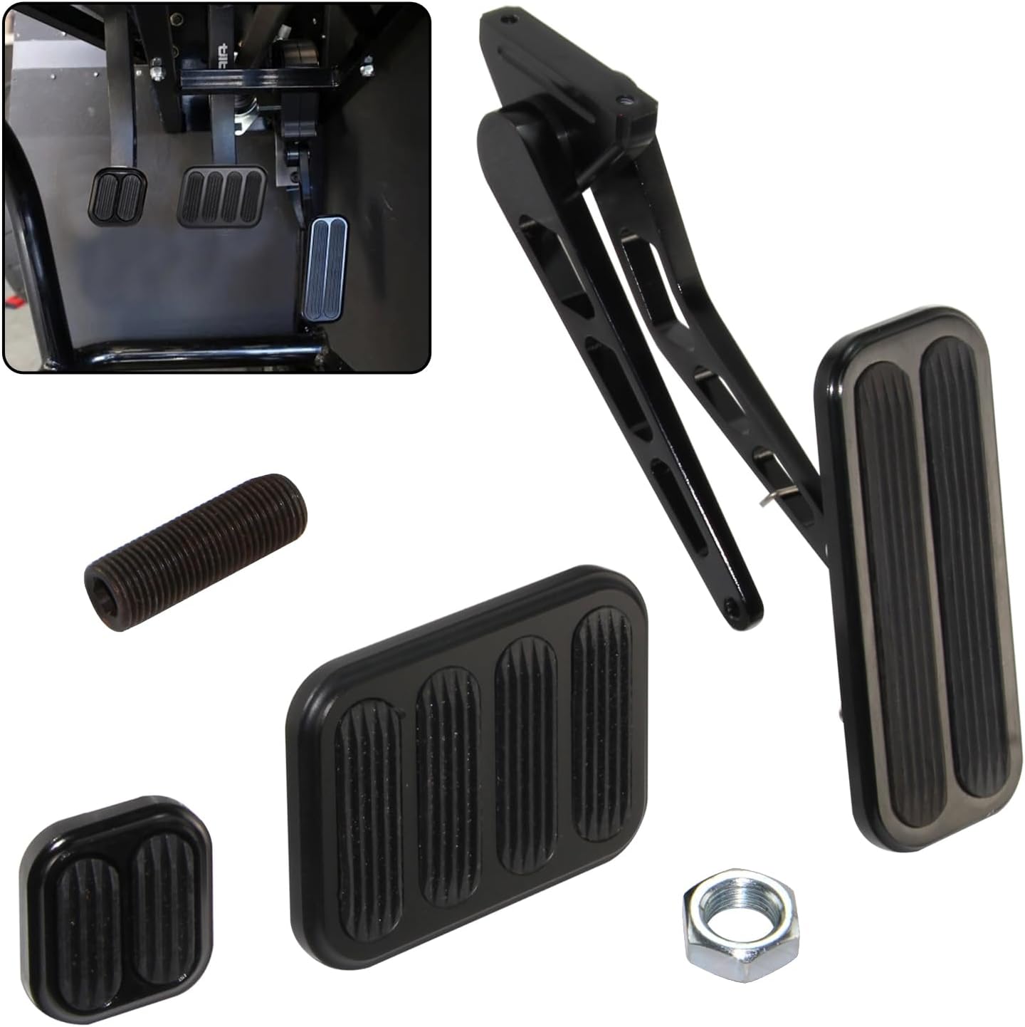 Billet Aluminum Gas Pedal with Brake and Clutch Pad Black,36" Throttle Cable Bracket Spring Kit