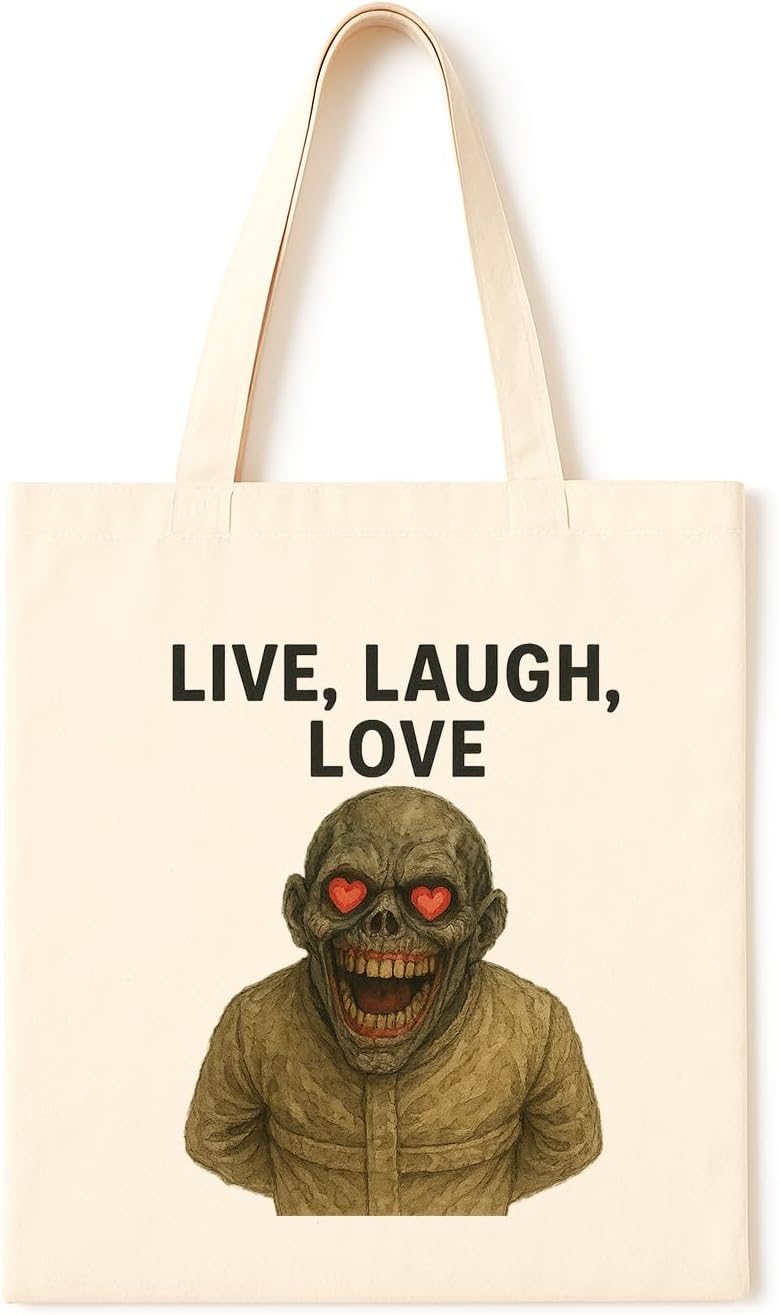 Love-Crazed Horror Monster Tote ~ Disturbingly cute zombie with heart eyes tote bag, twisted take on Live Laugh Love, great for horror fans, ironic romantics, or lovers of strange humor