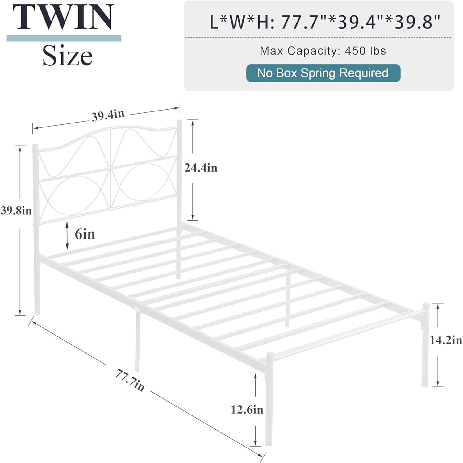 vecelo twin size metal platform bed frame with headboard and footboard,sturdy slats support mattress foundation, no box spring needed, white white twin