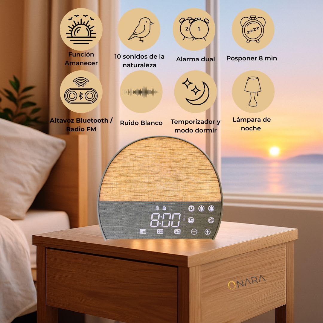 ONARA Despertador Amanecer, Despertador luz Natural simulacion Amanecer, 10 Sonidos Relajantes Naturaleza, 5 Sonidos Blancos, Altavoz Bluetooth, Radio FM, Temporizador, 20 Brillos, 2 Alarmas y Snooze