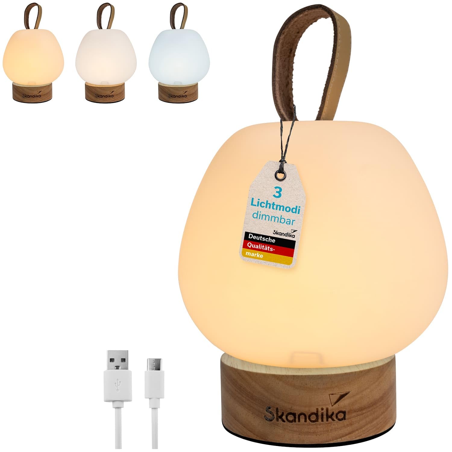 Skandika Campinglampe Gnista | wiederaufladbare LED Lampe, 180 - 210 Lumen, mit USB Typ C Ladekabel, 2000 mAh, 3 Lichtfarben, stufenlos dimmbar, zum Aufhängen | Laterne für Camping, Outdoor, Wandern