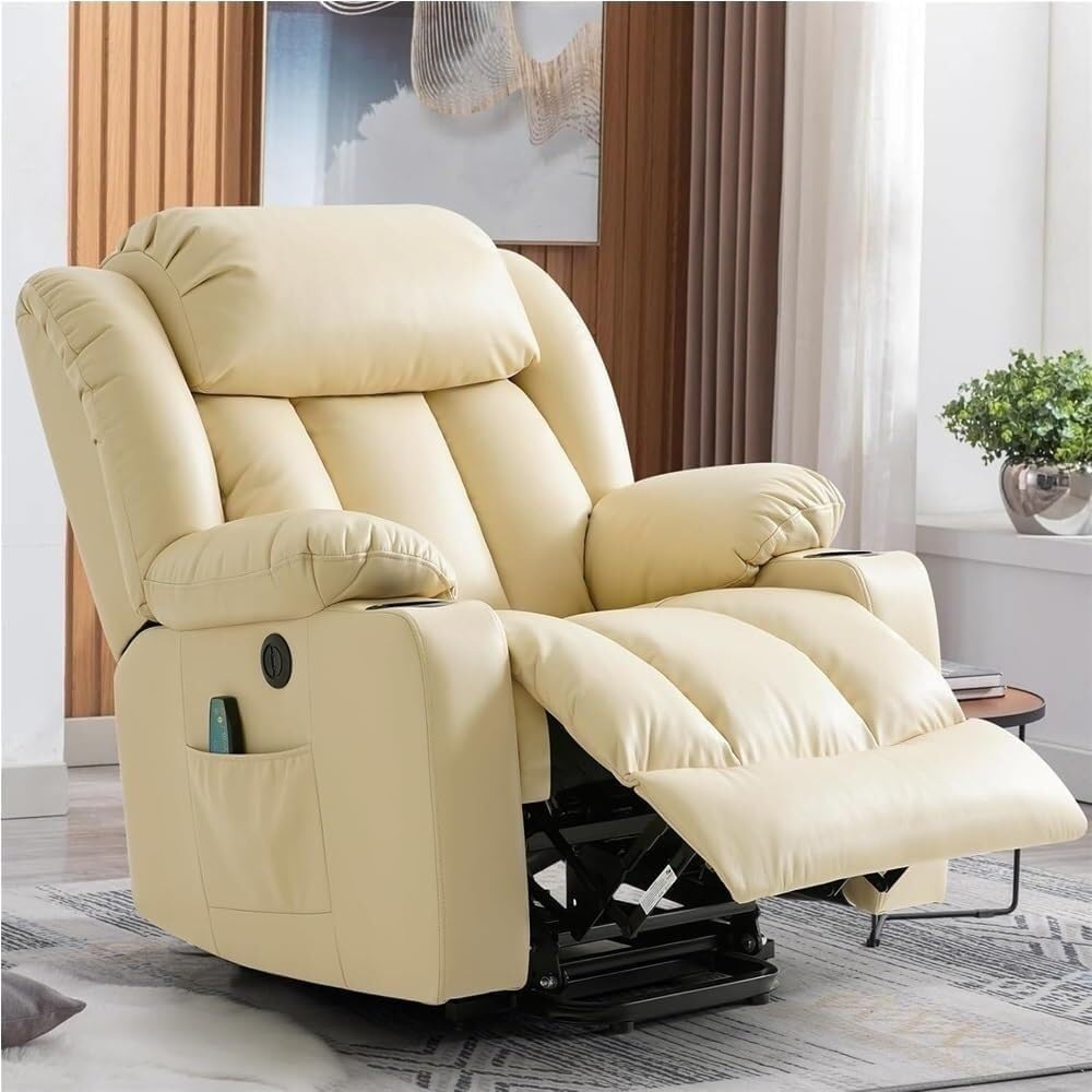 Electric Power Lift Recliner Chair with Massage & Heat, Leather Reclining Sofa with Remote Control, USB Ports, Cup Holders & Side Pockets for Elderly Adults Living Room