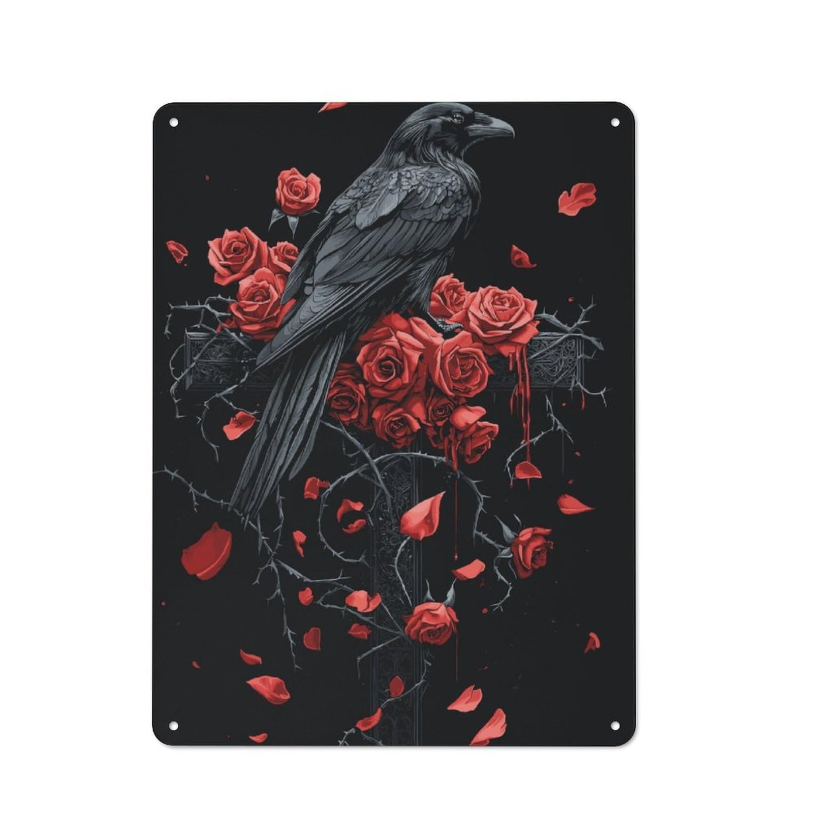 Junmoney Gothic Raven And Roses On Gothic Cross Metal Plaque 40X30cm With For Workshop Wall, Retro Decor, For Garage, Workshop And Man Cave Decoration