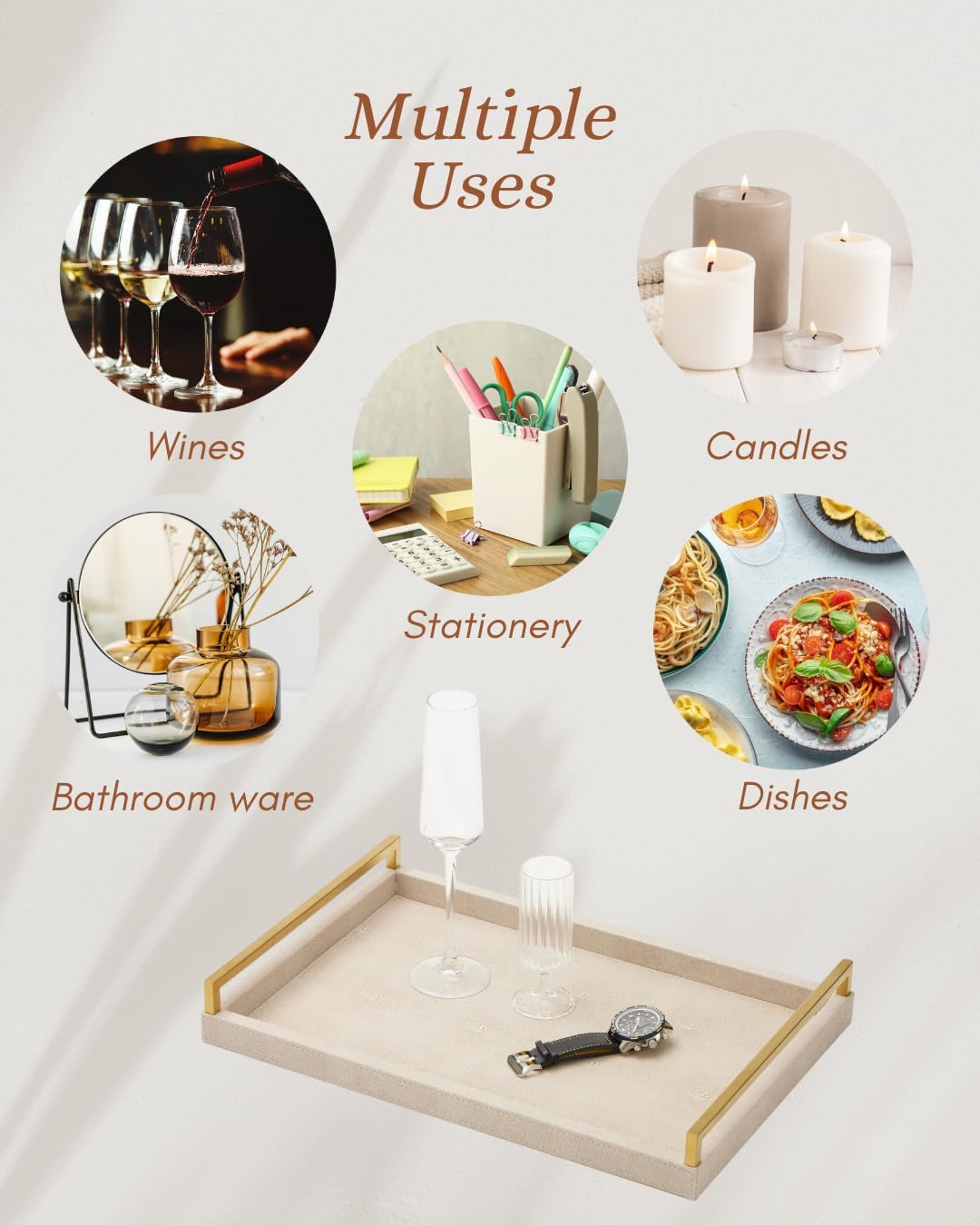 WV Ivory Shagreen Leather Serving Tray with Gold Handles-17.7x11.8 Inch Large Wooden Decorative Ottoman Tray fro Coffee Table, Kitchen, Dining, and Home Decor (Ivory)