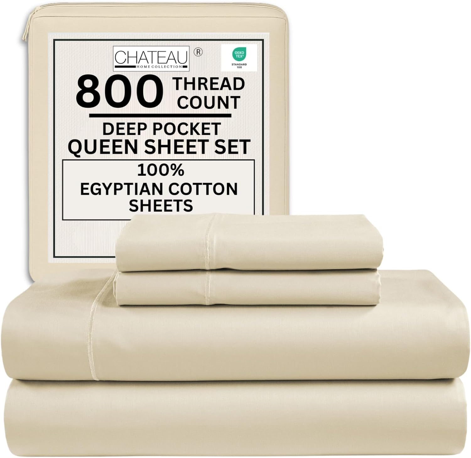 800TC Egyptian Cotton Bedding Sheets & Pillowcases - Queen Sheet Set - Soft, Durable and Luxurious 4PC Sateen Weave Ivory Bed Sheets for Queen Size Bed, No Pill & Shrink Thick Machine Washable