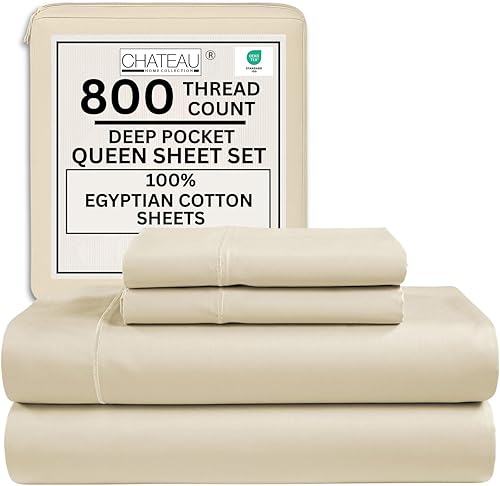 Miniatura 24 de Juego de sábanas 100% de algodón egipcio, tamaño Queen, juego de sábanas de bolsillo profundo, sábanas de algodón de 800 hilos, naturalmente