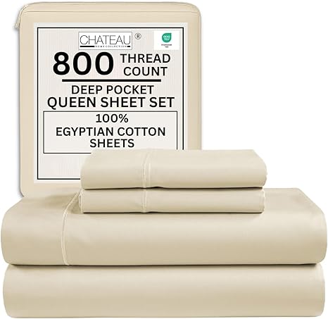 Queen Sheet Set - 800TC Egyptian Cotton Bedding Sheets & Pillowcases - Soft, Durable and Luxurious 4PC Sateen Weave Ivory Bed Sheets for Queen Size Bed, No Pill & Shrink Thick Machine Washable