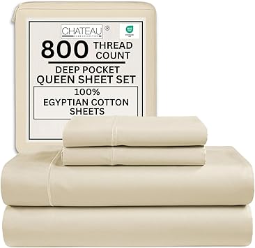 Queen Sheet Set - 800TC Egyptian Cotton Bedding Sheets & Pillowcases - Soft, Durable and Luxurious 4PC Sateen Weave Ivory Bed Sheets for Queen Size Bed, No Pill & Shrink Thick Machine Washable