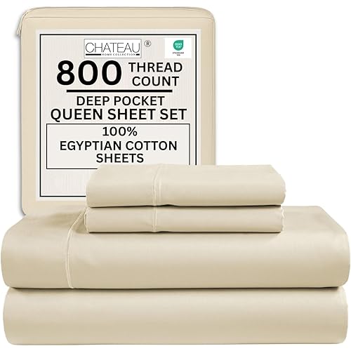 800TC Egyptian Cotton Bedding Sheets & Pillowcases - Queen Sheet Set - Soft, Durable and Luxurious 4PC Sateen Weave Ivory Bed Sheets for Queen Size Bed, No Pill & Shrink Thick Machine Washable
