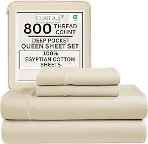Queen Sheet Set - 800TC Egyptian Cotton Bedding Sheets & Pillowcases - Soft, Durable and Luxurious 4PC Sateen Weave Ivory Bed Sheets for Queen Size Bed, No Pill & Shrink Thick Machine Washable
