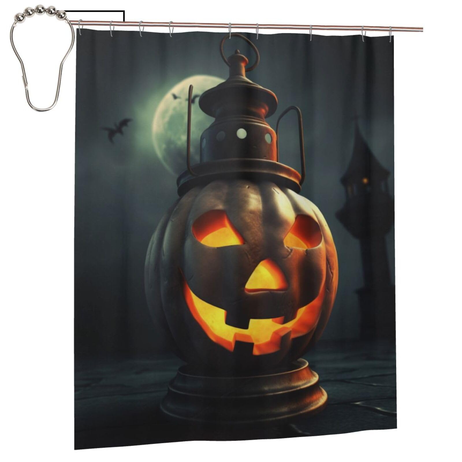 BWWHCCTI Night Halloween Bat Printed Shower Curtain With 12 Iron Hooks Opaque Quick Drying Waterproof Shower Curtains Sets For Bathroom 152x183 Cm