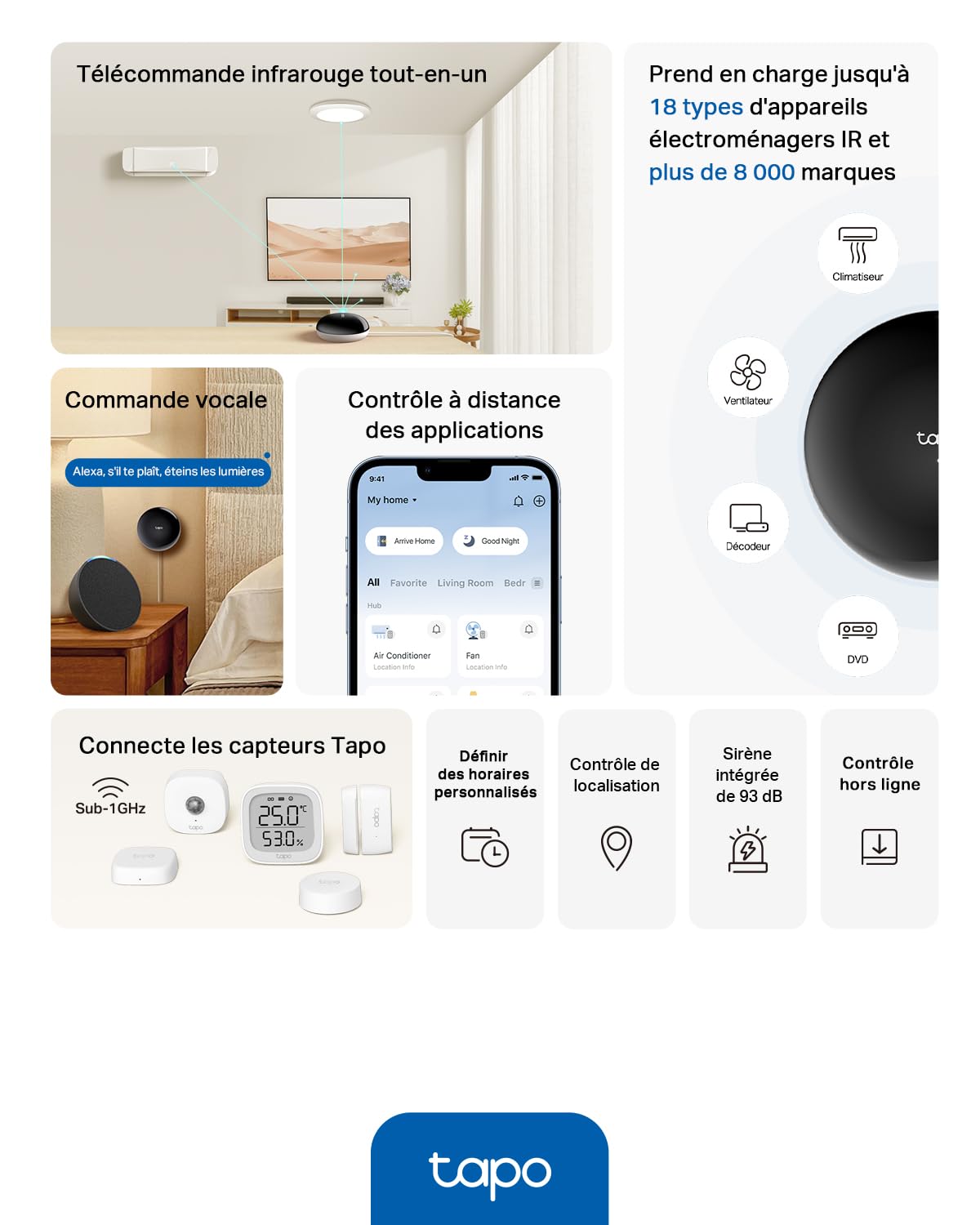 Tapo Télécommande Infrarouge H110 - Prend en Charge 18 Types d'appareils, Plus de 8000 Marques, hub pour capteurs Tapo, Commande vocale avec Alexa/Siri, Compatible avec Matter, Minuterie