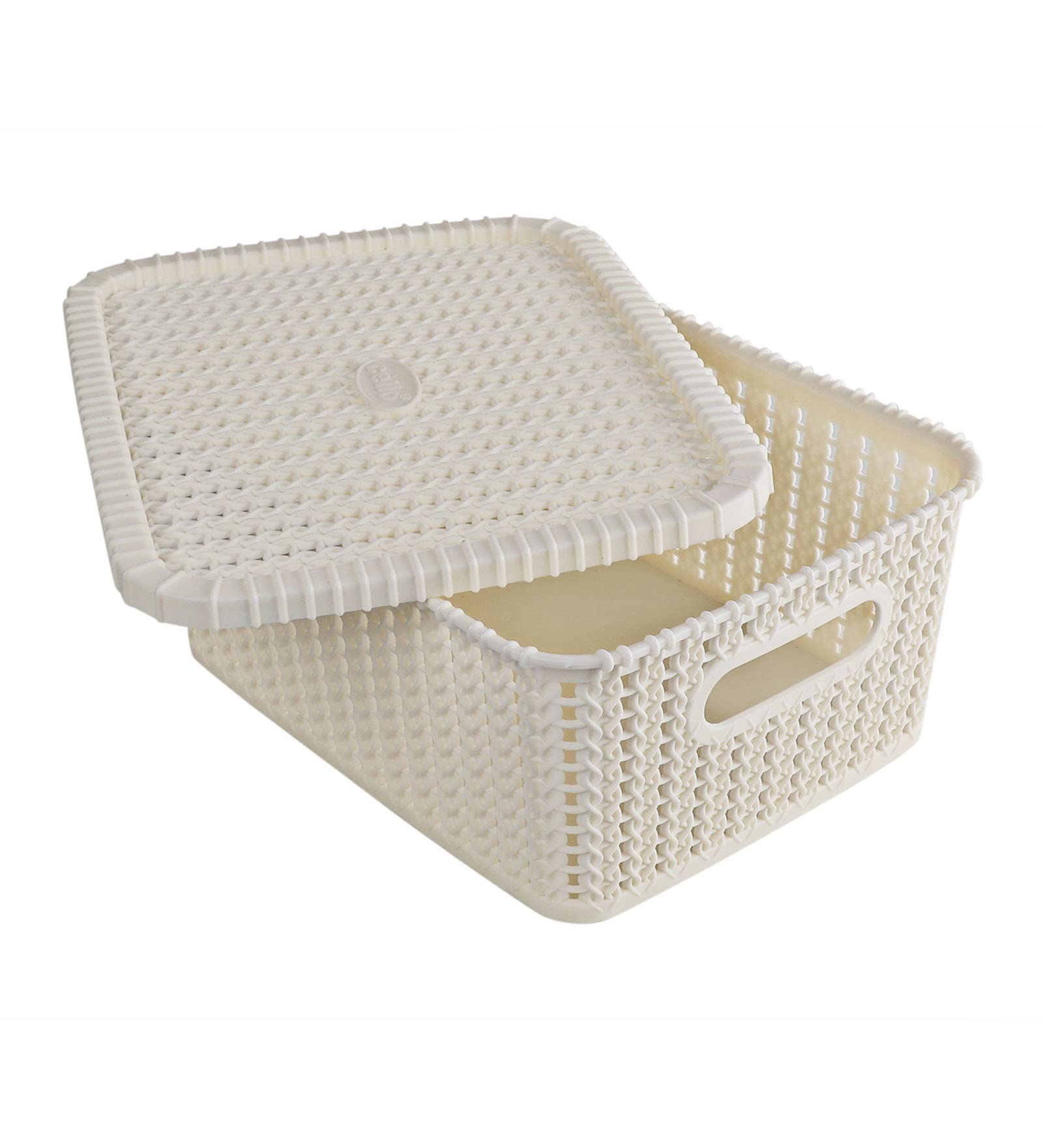 Vintage Plastics knit Style Multipurpose Rectangular Storage Basket, With Lid For Kitchen, Toys, Accessories,Clothes, Vegetables,Cosmetics, Books,Office, (Ivory, 36 x 30 x 13.5)