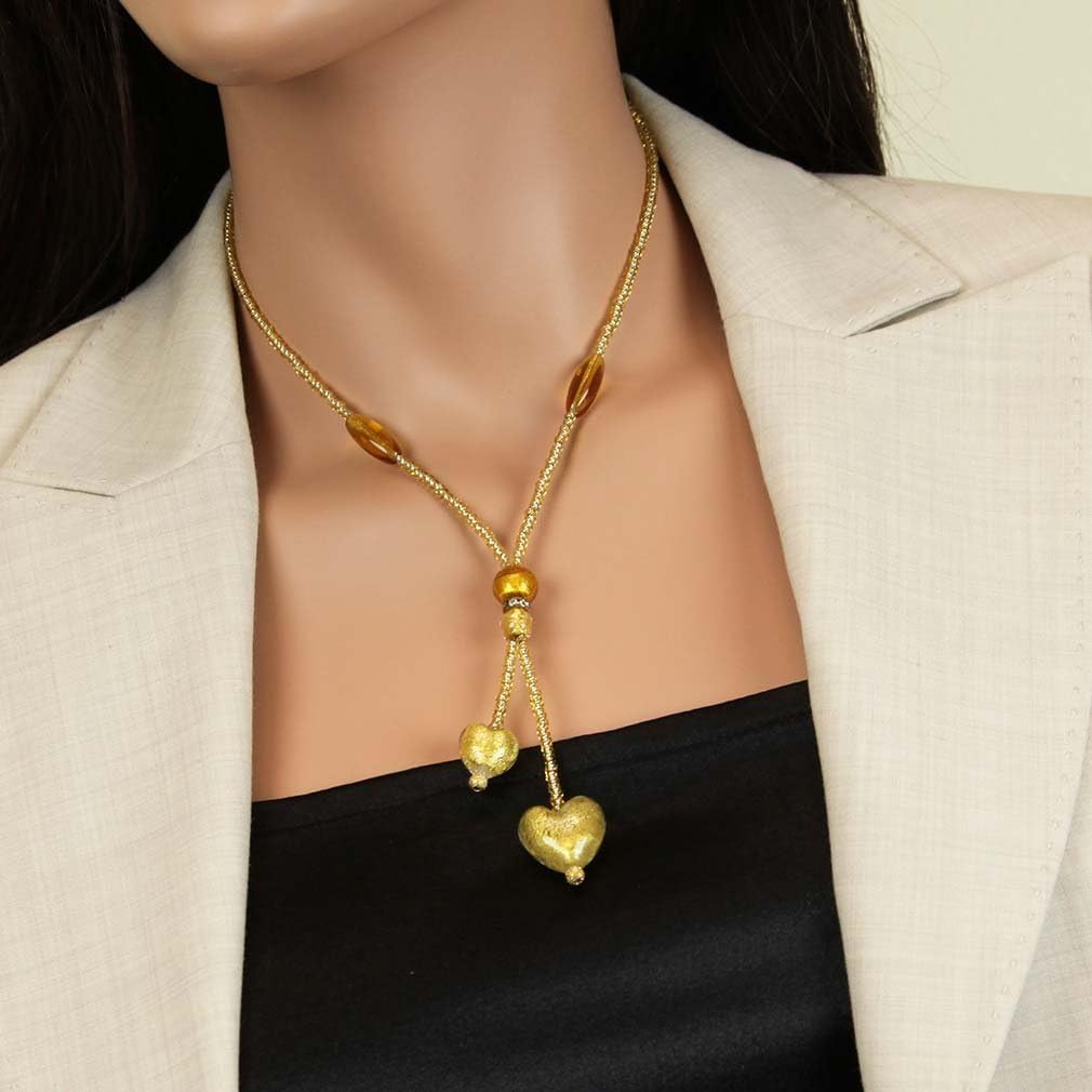 Glass Of Venice Murano Glass Heart Tie Necklace - Cognac and Gold