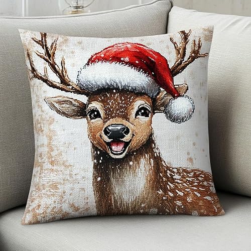 Wallphantom Women's Christmas Cross Stitch Cushion Cover Kit For Adults Beginners,Deer Wearing Santa Hat,Pre-Printed Embroidery Set,Diy Handmade Needlepoint Pillow Kit Home Decor,45X45cm