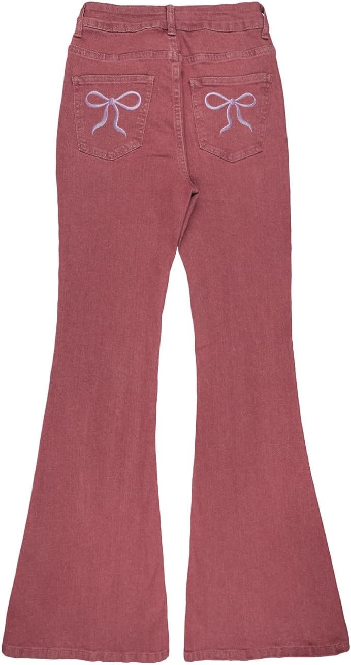 High Waist Flare Jeans for Women Butt Lifting Bow Embroidered Stretchy Pants Y2K Vintage Streetwear Denim Pants