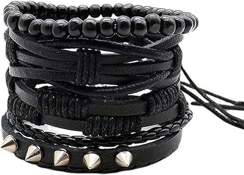 Pulsera de cuero genuino Pulsera trenzada de plumas de cuero negro punk rock pulsera para hombres y mujeres Pulsera de tamaño ajustable