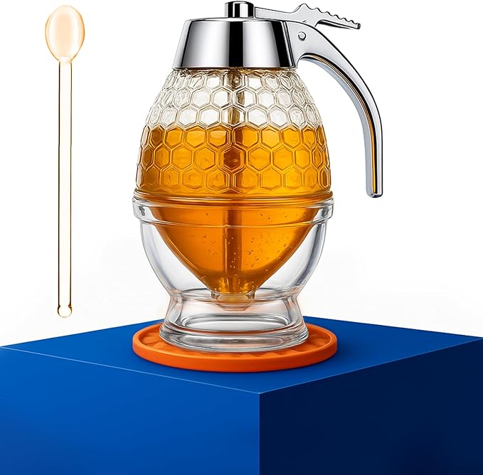 8oz Glass Honey Dispenser with EXCLUSIVE SILICONE MAT & Airtight Lid – Container for Honey, Syrup & Sauces Bottle | Mess-Free, Easy-Pour Design Jar| Premium Quality Glass Pot | Custom Gift Box