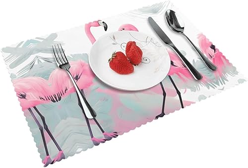 Rectangular Placemats Set of 4, Heat Resistant Pink Flamingo Printed Kitchen Dining Table Mats