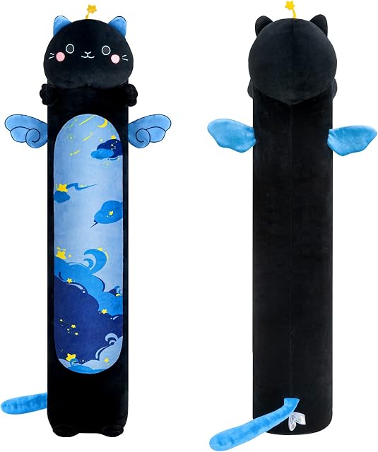 Mewaii 44in Long Cat Plush Pillows Stuffed Animals Squishy Pillows - Plushie Cute Starry Sky Kitty Sleeping Hugging Plush Pillow Soft Toys for Kids(Black & Blue)