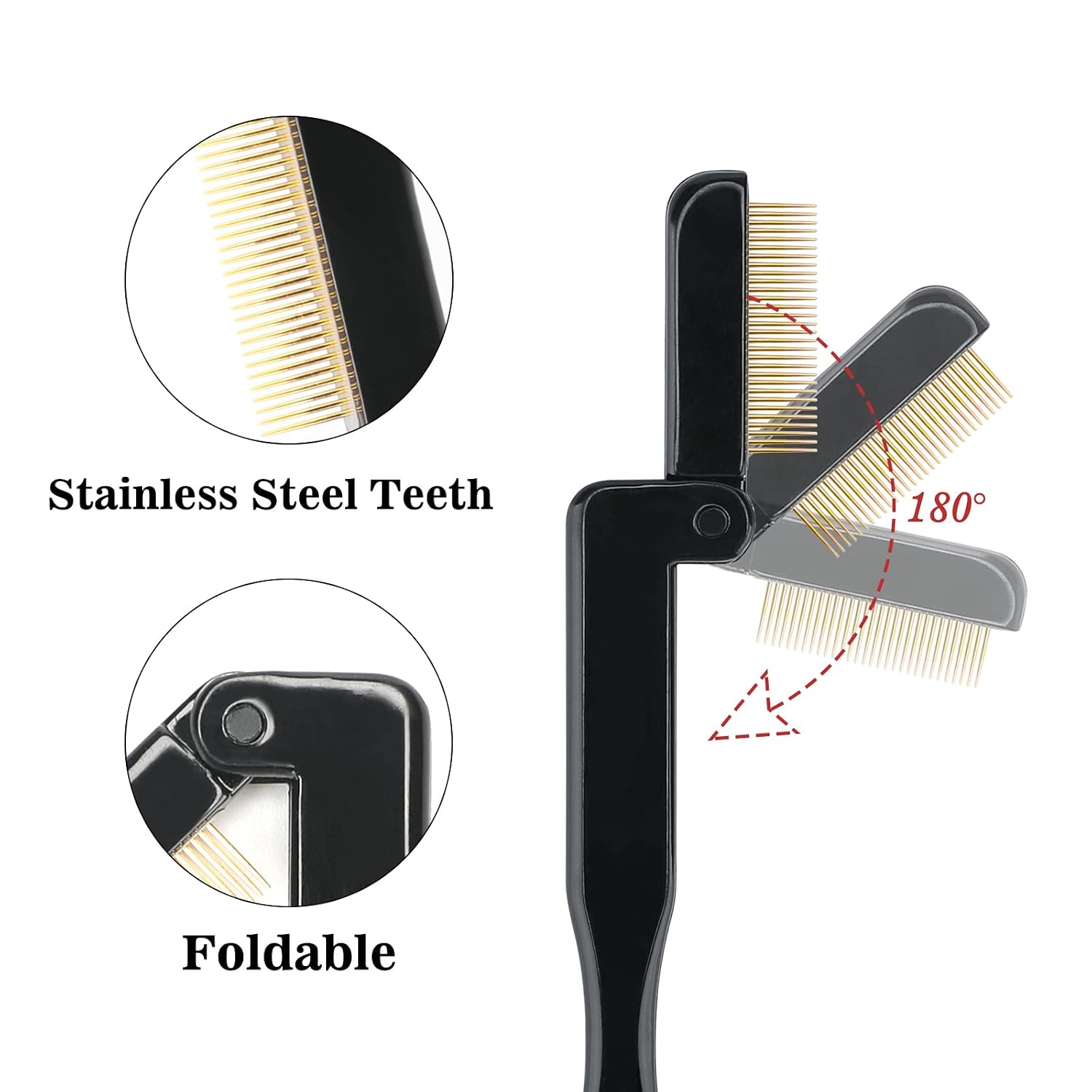 2PCS Folding Eyelash Comb,Eyebrow Comb Metal Teeth, Professional Tool for Define Lash & Brow (Black)