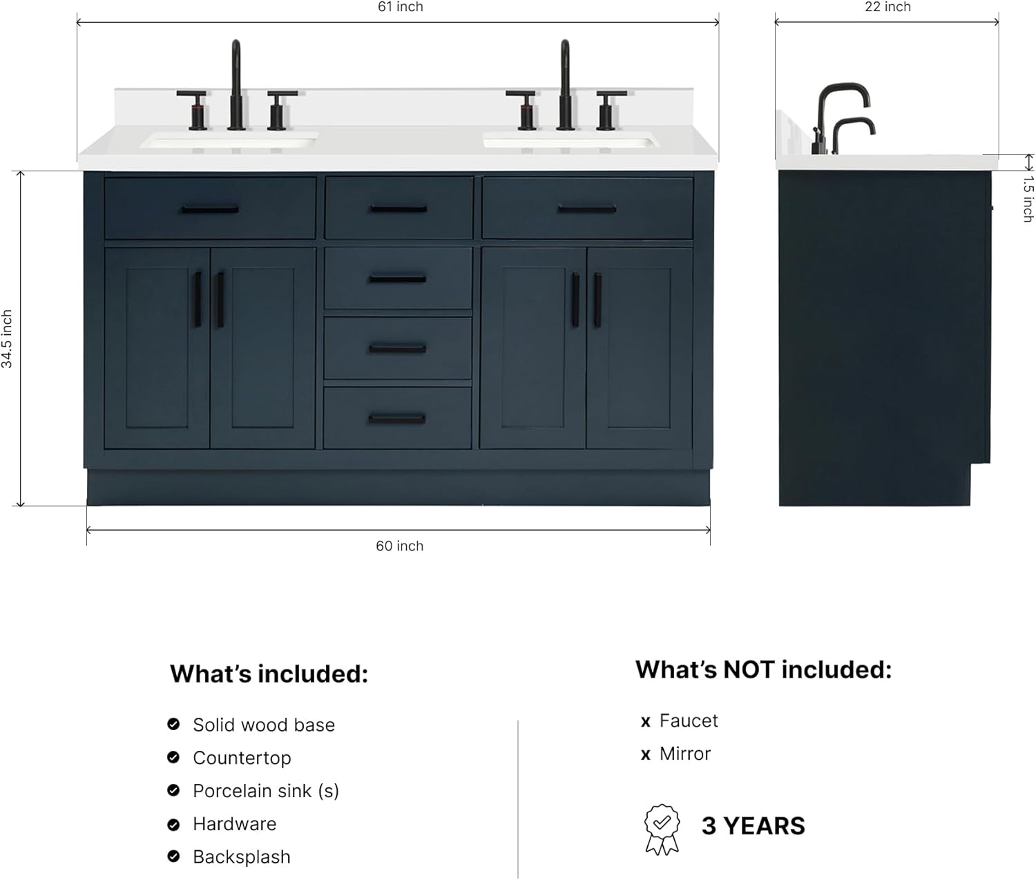 DKB Isabella 60" Midnight Blue Double Bathroom Vanity with Sink, 1.5" Pure White Quartz Countertop, Rectangular Undermount Sinks, 4 Soft Closing Doors, 6 Dovetail Drawers
