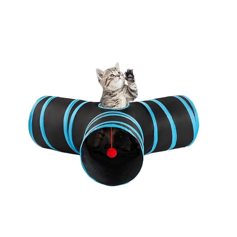 Túnel para gatos de 3 vias dobrável com bola suspensa Bigladious, Blue Black, 1 unidade