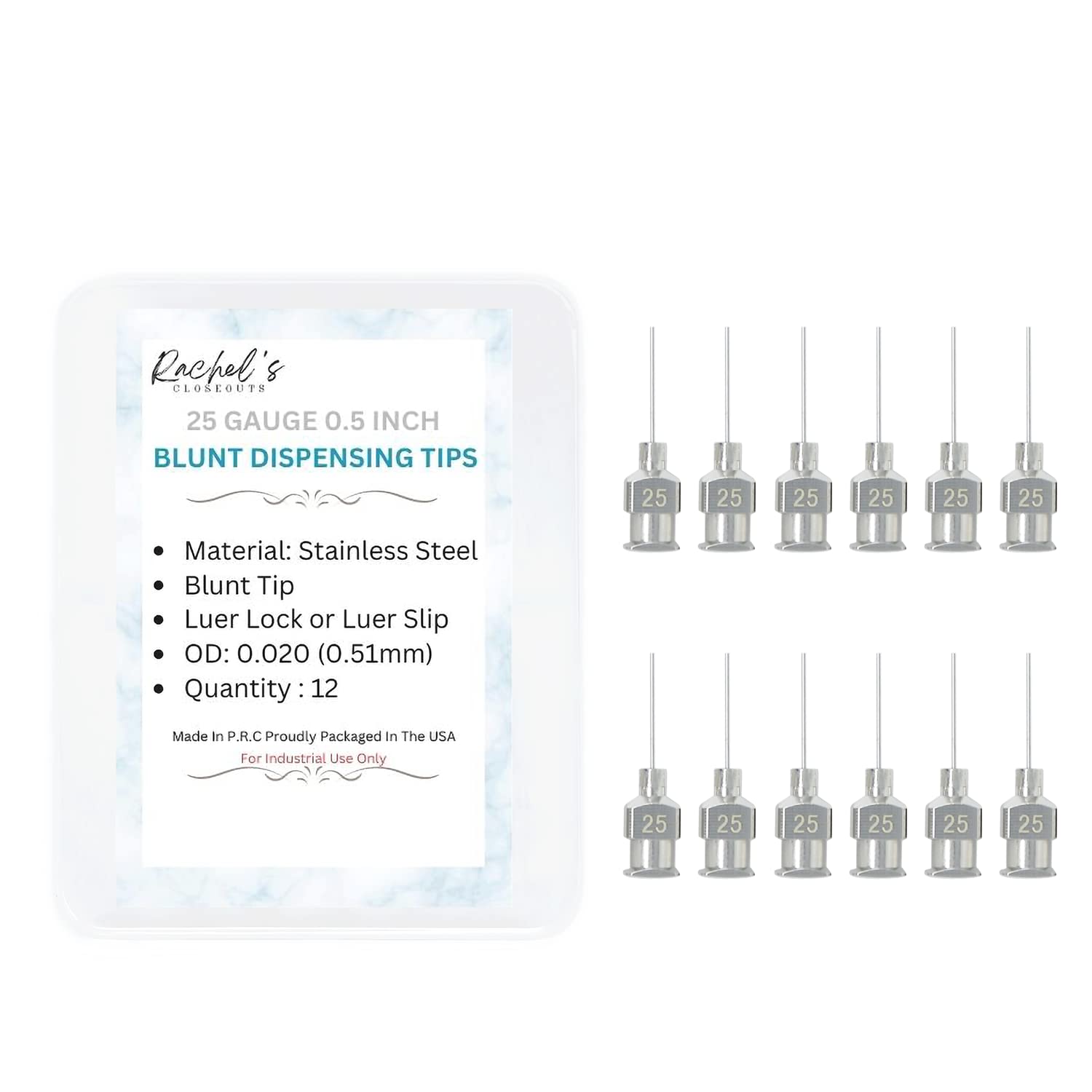 Rachel's Closeouts 12 Packs of 25 Gauge Needle 0.5-inch Stainless Steel Blunt Tip Needle Industrial Dispensing Needle | Luer Lock Needle | Syringe Needles |