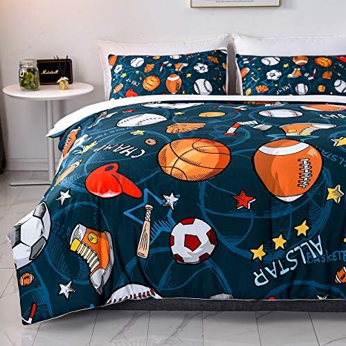 SHINICHISTAR Queen Size Sports Bedding Comforter Set for Teens Basketball Baseball Football Soccer Printed Quilt Set for Boys Children Kids Bedroom Print Comfy Quilt Set Decorative for Sports Fans