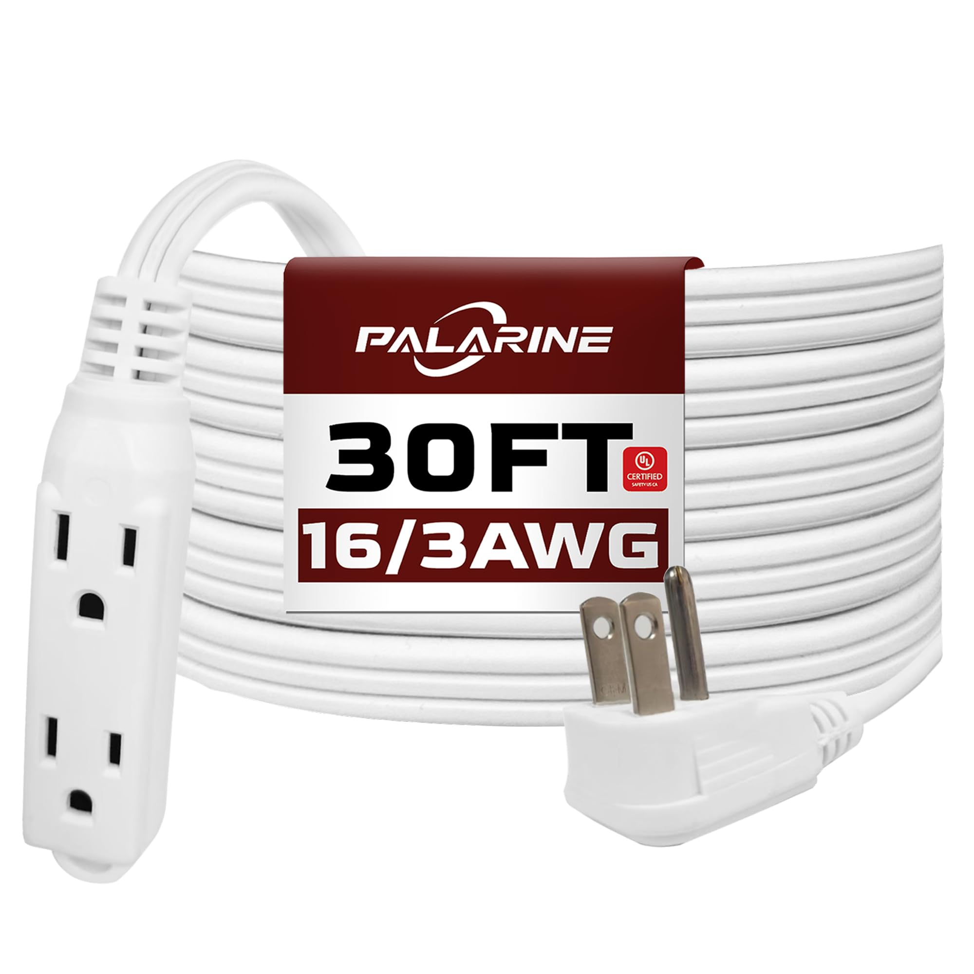 30 Ft White Flat Plug Extension Cord with 3 Outlets, 16 Gauge Heavy Duty