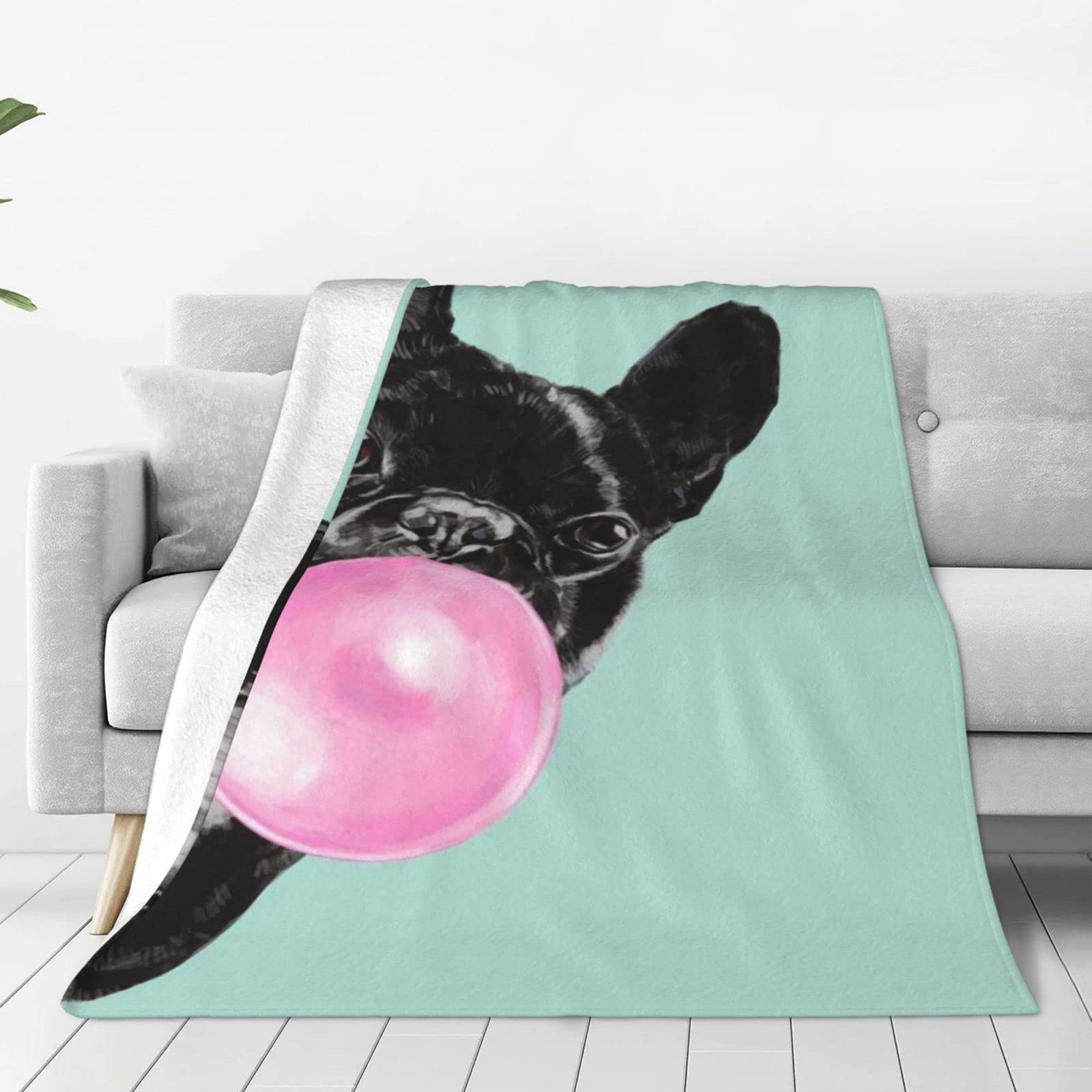 Lsjuee Throw Blanket Cute Bulldog Blowing Bubble Gum Warm Cozy Soft Lightweight Flannel Fleece Blanket for Bedroom Sofa Room Home Decorative Fuzzy Blanket 40"x30"