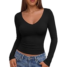 EFAN Long Sleeve Shirts for Women Double Lined V Neck Crop Going Out Tops | Lycra Blend, Buttery Soft Slim Fit Tops, Double Layer, Non see-through