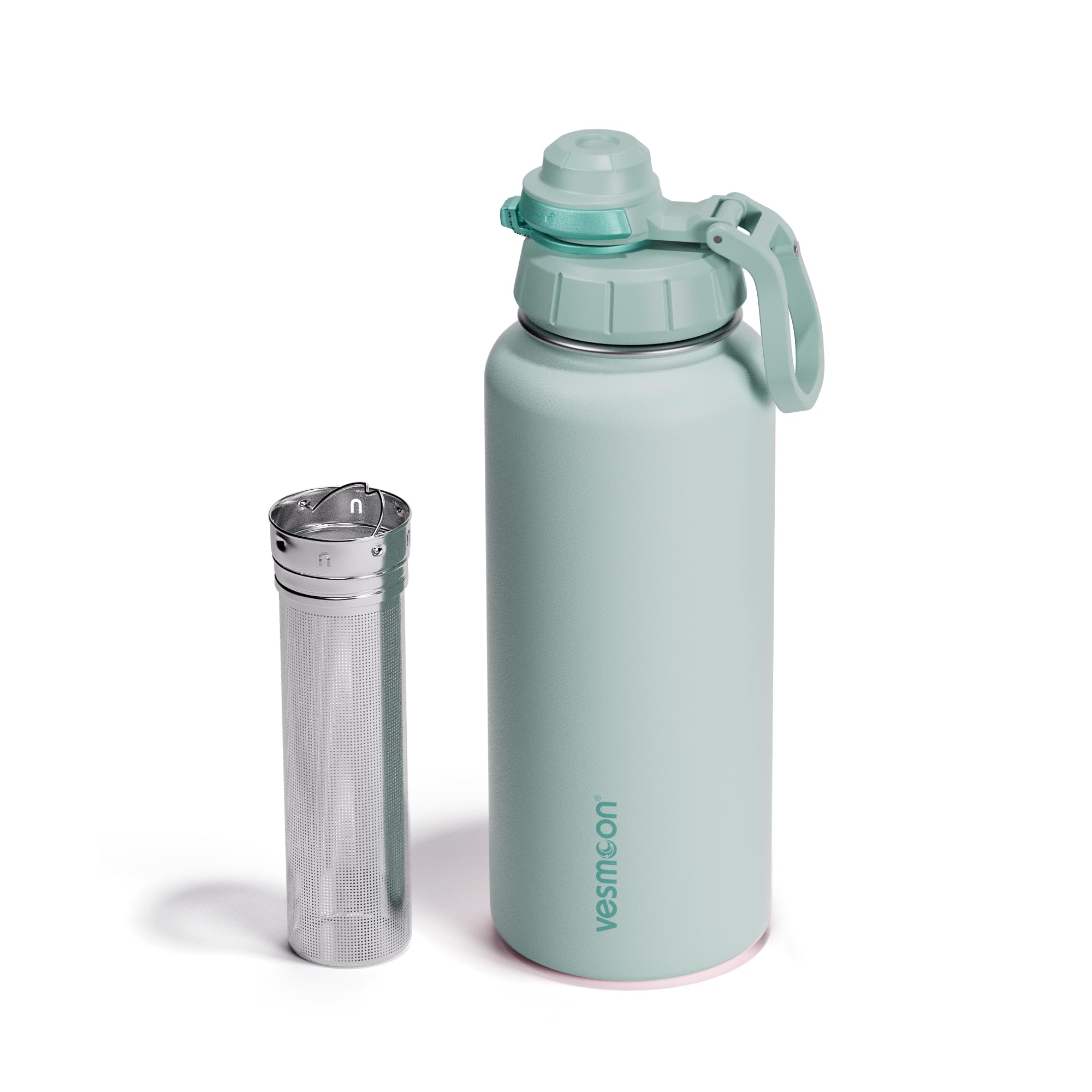 Vesmoon Vessence Edelstahl-Tee-Ei Flasche für losen Tee, Wasser, Kräuter, Früchte, dreilagige, isolierte, auslaufsichere Flasche mit Deckel und Clipgriff, 24 Stunden heiß/kalt, 907 ml