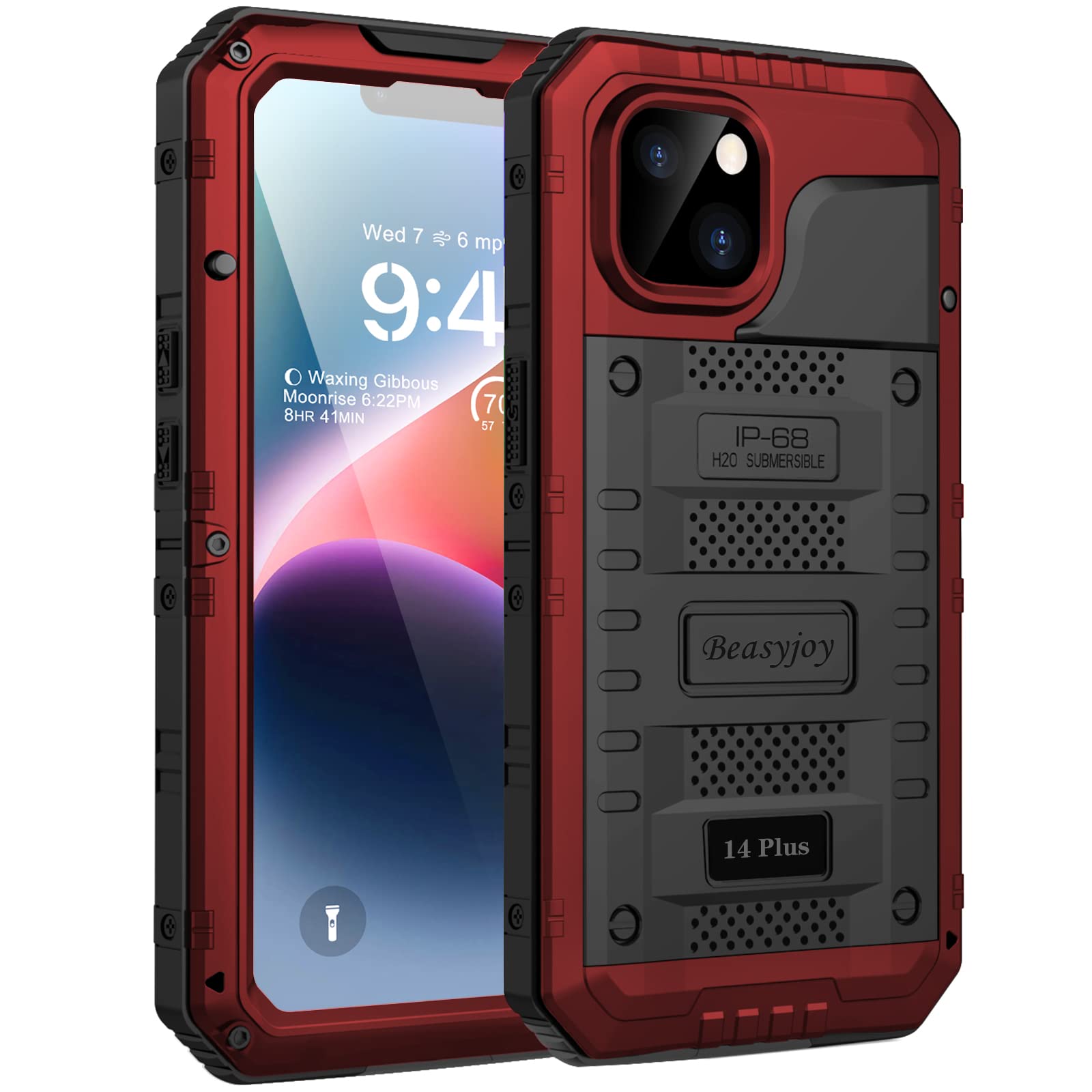 Beasyjoy for iPhone 14 Plus Case, IP68 Waterproof Metal Heavy Duty Defender Case with Built-in Screen Protector, Military Grade Full Body Protective