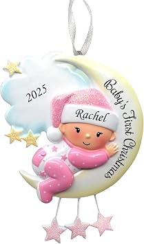 2025 Babys First Christmas Ornament - Baby Girl on Moon - Personalized Holiday Keepsake Custom My 1st Christmas Ornament for Baby & Grandbaby Engraved Gift for Newborns 1st Xmas
