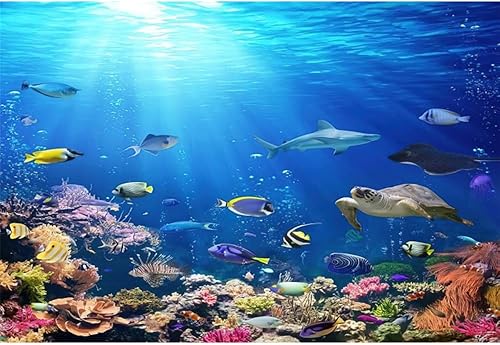Miniatura 10 de Renaiss Fondo de mundo submarino de 10 x 8 pies, luz del sol, luz del sol, agua de mar azul profundo bajo el mar, fondo de fotografía de acuario