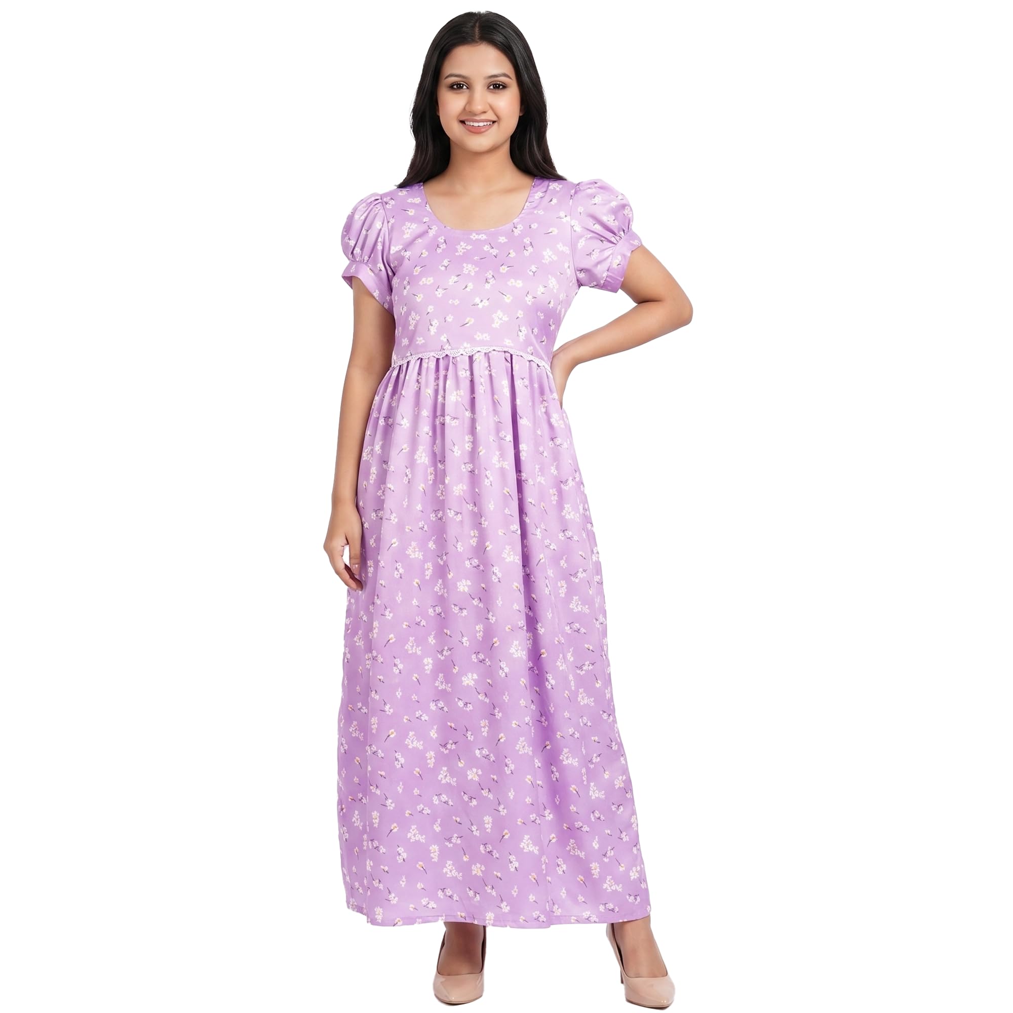 Floral Print Maternity Feeding Maxi Dress, Purple, Puff Sleeves, Back Tie, Sizes XS-4XL-image-48