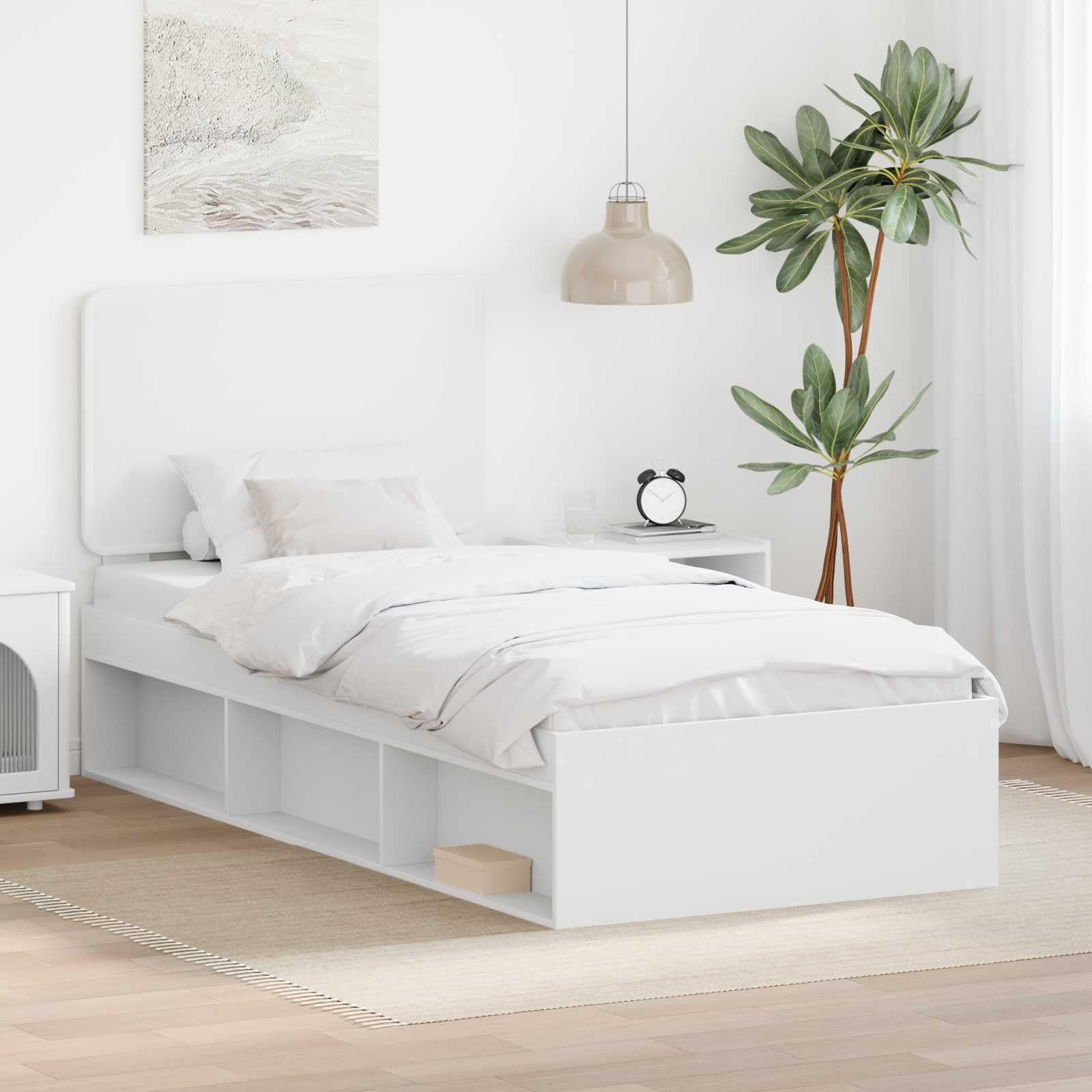 lite drewno sosnowe zagłówek nowoczesna sypialnia 90 x 190 cm biały | Ramka łóżka z zagłówkiem Biały 90 x 190 cm Lite drewno sosnowe Solidna Stelaż Listwy Nowoczesna